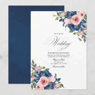 Convite Casamento Floral em Aquarela Azul Marinho e Bege