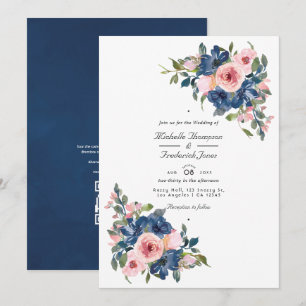 Convite Casamento Floral em Aquarela Azul Marinho e Bege c