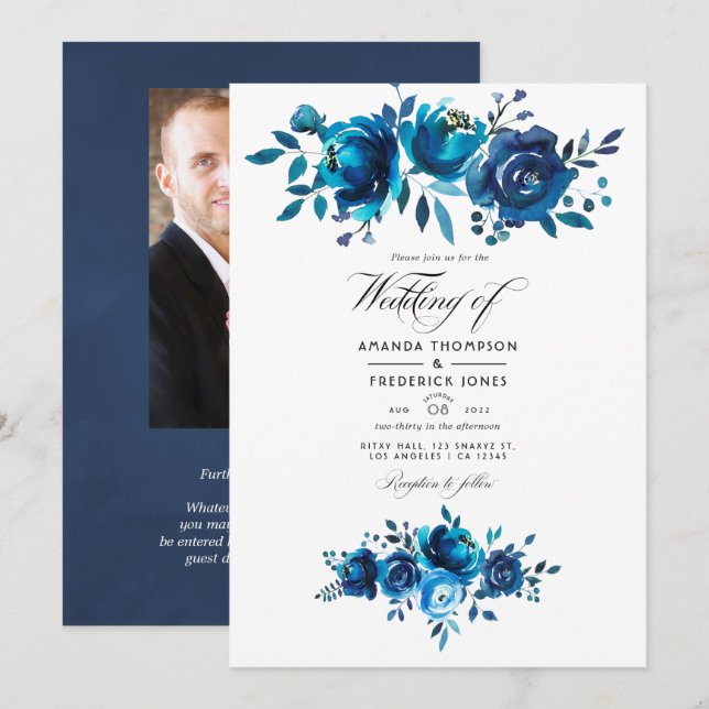 Convite Casamento Floral em Aquarela Azul Marinho e Branco (Frente/Verso)