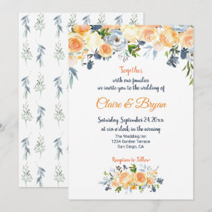 Convite Casamento Floral em Aquarela Azul Marinho e Coral