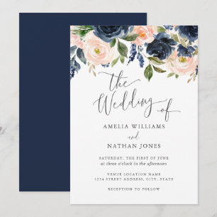 Convite Casamento Floral em Aquarela Azul Marinho Rosado