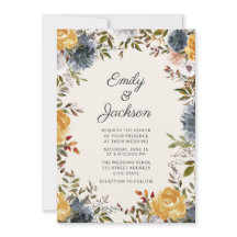 Casamento Floral em Aquarela Azul Naval Amarelo Fo