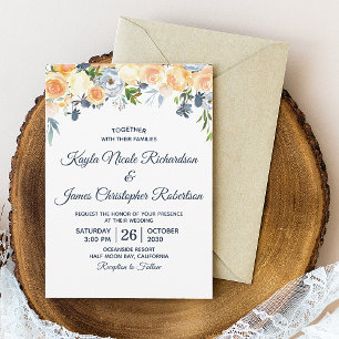 Convite Casamento Floral em Aquarela Azul Naval e Pêssego