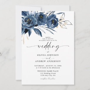 Convite Casamento Floral em Aquarela Azul Naval Elegante
