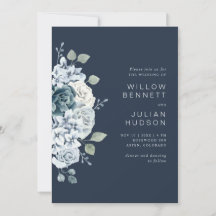 Casamento Floral em Aquarela Azul Naval Moderno