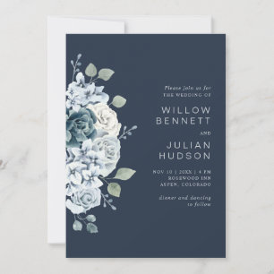 Convite Casamento Floral em Aquarela Azul Naval Moderno