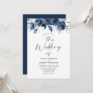Convite Casamento Floral em Aquarela Azul Naval Moderno e 