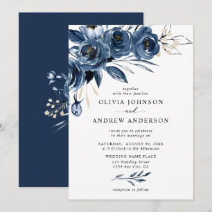 Convite Casamento Floral em Aquarela Azul Naval Prateado E