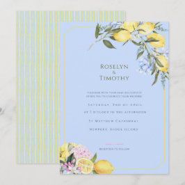 Convite Casamento Floral em Aquarela Azul Pastel Cítrico