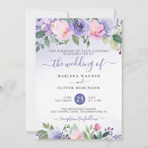 Convite Casamento Floral em Aquarela Azul-Pervinca e Rosa