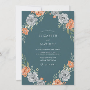 Convite Casamento Floral em Aquarela Azul Pizarra e Pêsseg