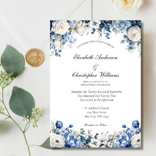 Convite Casamento Floral em Aquarela Azul Poeira Branco El