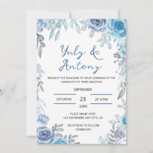 Convite Casamento Floral em Aquarela Azul Poeirento Cinza
