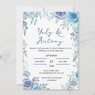 Convite Casamento Floral em Aquarela Azul Poeirento Cinza