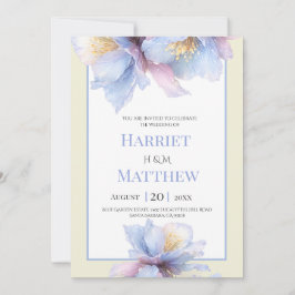 Convite Casamento Floral em Aquarela Azul Poeirento e Marf