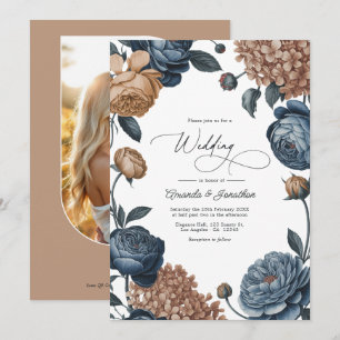 Convite Casamento Floral em Aquarela Azul Poeirento e Taup