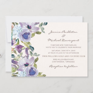 Convite Casamento Floral em Aquarela Azul Poeirento Roxo