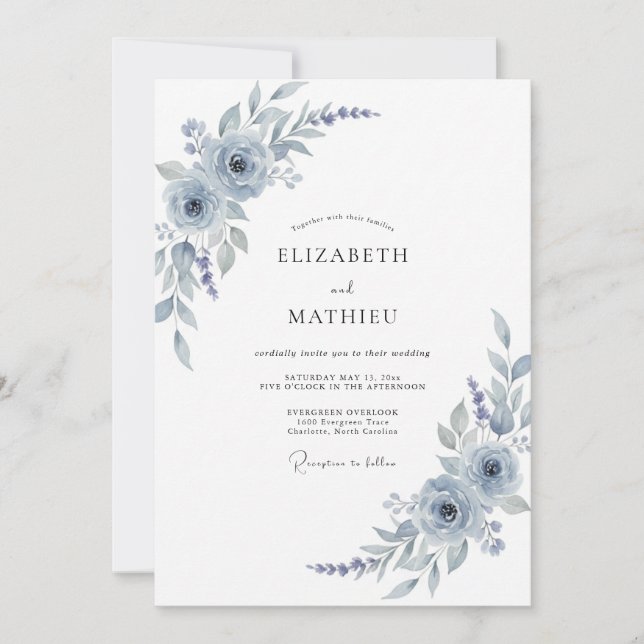 Convite Casamento Floral em Aquarela Azul Prata (Frente)
