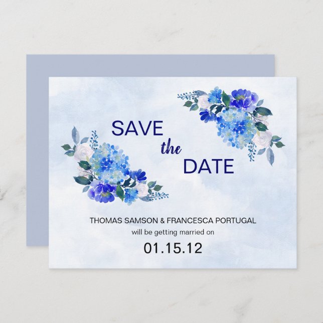 Convite Casamento Floral em Aquarela Azul Real Salve a Dat (Frente/Verso)