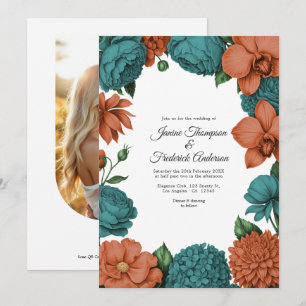 Convite Casamento Floral em Aquarela Azul Turquesa e Coral