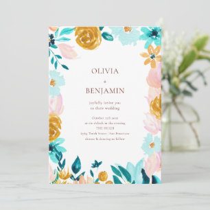 Convite Casamento Floral em Aquarela Azul Verde Clássico