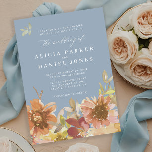 Convite Casamento floral em aquarela botânica azul poeiren