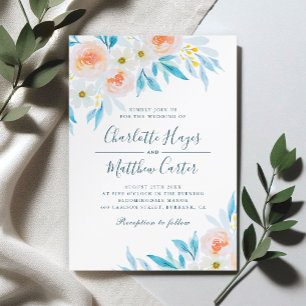 Convite Casamento Floral em Aquarela Branco e Azul Moderno