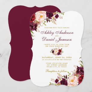 Convite Casamento Floral em Aquarela Burgundy Dourado