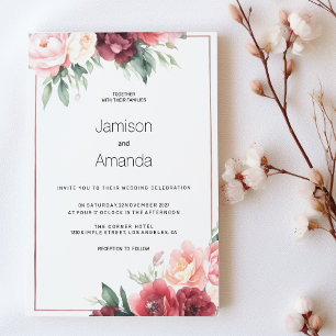 Convite Casamento floral em aquarela burgundy rosa elegant