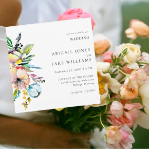 Convite Casamento Floral em Aquarela Colorida de Verão Qua