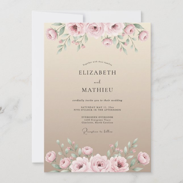 Convite Casamento Floral em Aquarela com Areia e Rubor (Frente)