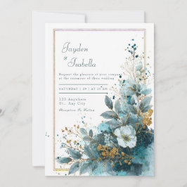 Convite Casamento Floral em Aquarela com Brilho Azul Turqu
