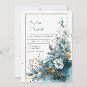 Convite Casamento Floral em Aquarela com Brilho Azul Turqu