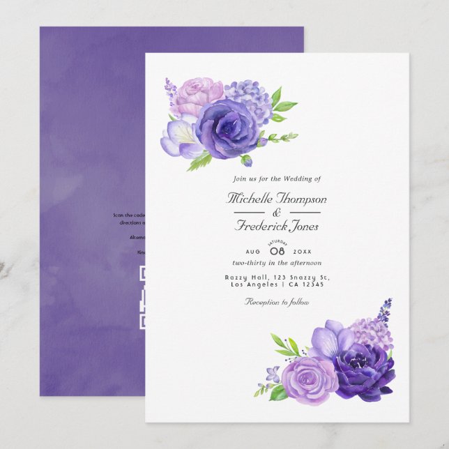 Convite Casamento Floral em Aquarela com Código QR Ultravi (Frente/Verso)