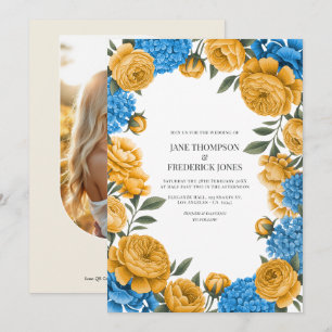 Convite Casamento Floral em Aquarela com Marigold e Azul F