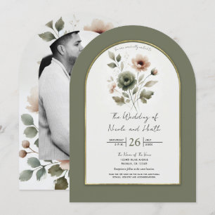 Convite Casamento Floral em Aquarela com Oliva Empoeirada