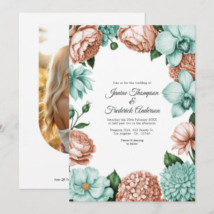 Convite Casamento Floral em Aquarela com Pêssego Suave e H
