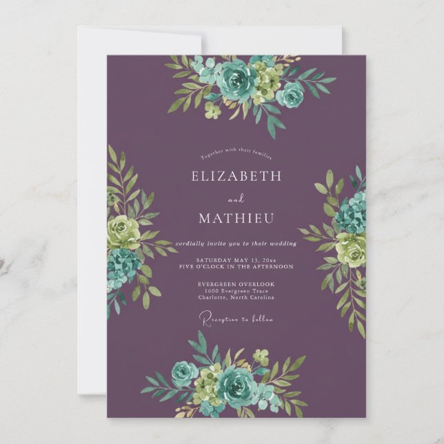 Convite Casamento Floral em Aquarela com Tons de Ameixa e  (Frente)