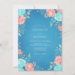 Convite Casamento Floral em Aquarela Coral Azure