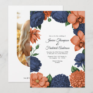 Convite Casamento Floral em Aquarela Coral e Azul Naval