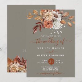 Convite Casamento Floral em Aquarela de Outono em Cinza