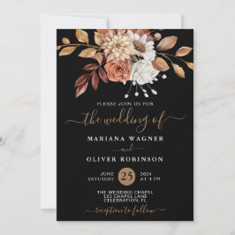 Convite Casamento Floral em Aquarela de Outono em Preto