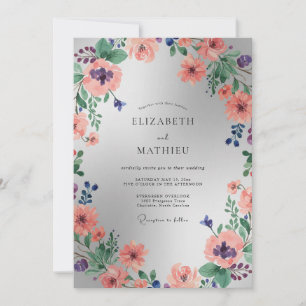 Convite Casamento Floral em Aquarela de Pêssego Prateado