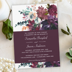 Convite Casamento Floral em Aquarela Elegante Vinho Luxuos