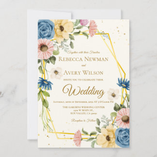 Convite Casamento Floral em Aquarela Geométrica