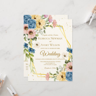 Convite Casamento Floral em Aquarela Geométrica