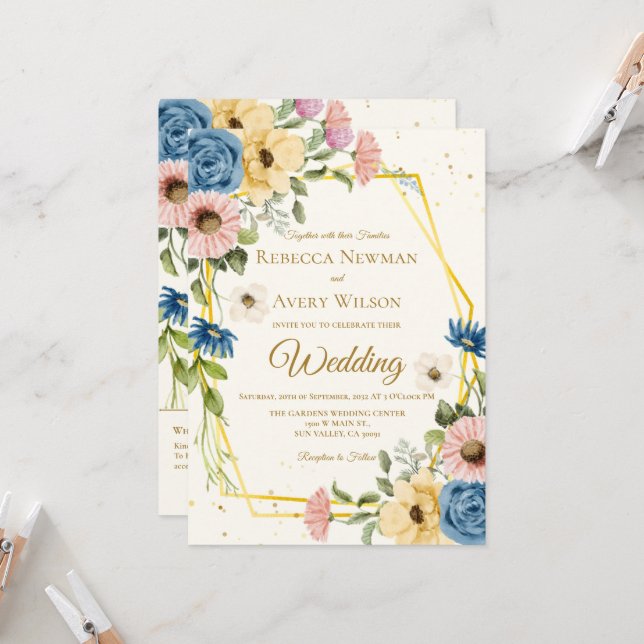 Convite Casamento Floral em Aquarela Geométrica (Frente/Verso In Situ)