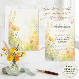 Convite Casamento floral em aquarela laranja e amarelo em