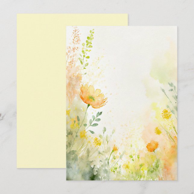 Convite Casamento floral em aquarela laranja e amarelo em  (Frente/Verso)