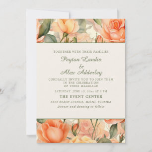 Convite Casamento Floral em Aquarela Laranja e Pêssego Cre